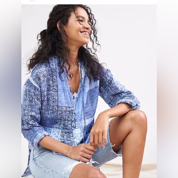 Pilcro Anthropologie Blouse Tunic Patchwork Print Tiered Medium Petite - Picture 3 of 12